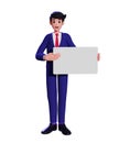 Businessman character standing holding a landscape white blank board banner sign 3d illustration Royalty Free Stock Photo