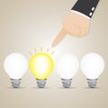 Cartoon businessman choose brightly idea bulb