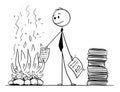 Cartoon of Businessman or Clerk Burning Paper Documents in Fireplace