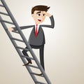 Cartoon businessman climb ladder and looking for opportunity