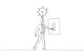 Cartoon of businessman climbing ladder built from pencil to find lightbulb concept of searching idea. Single line art style Royalty Free Stock Photo