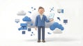 Cartoon businessman demonstrating cloud computing and network infrastructure with various tech elements Royalty Free Stock Photo