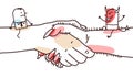 Cartoon Businessman and Devil sitting on a big Handshake