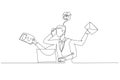 Cartoon of businessman dizzy stressed because of daily work receive email sending paper. One line art style