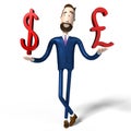 Cartoon businessman, dollar and pound comparison concept - 3D illustration