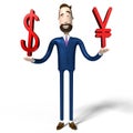 Cartoon businessman, dollar and yen comparison concept - 3D illustration