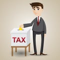 Cartoon businessman drop gold coin in tax box