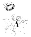 Cartoon of Businessman Drowning in Water, Someone Just Throw Him Loan as Lifebuoy