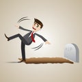 Cartoon businessman falling into graveyard