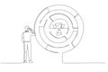 Cartoon of businessman finding the way in labyrinth to reach path to success. One continuous line art style