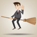 Cartoon businessman floating on magic broom