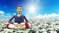 Cartoon businessman floating in a sea of money dollar bills on a life buoy 3d render image