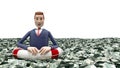 Cartoon businessman floating in a sea of money dollar bills on a life buoy 3d render on white