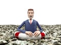 Cartoon businessman floating in a sea of money dollar bills on a life buoy 3d render on white