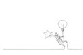 Cartoon of businessman flying with lightbulb idea to catch star in the sky. Metaphor for innovation. Single line art style