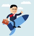 Cartoon businessman flying on a rocket on blue sky background, startup. Royalty Free Stock Photo