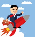 Cartoon businessman flying on a rocket on blue sky background, startup. Royalty Free Stock Photo