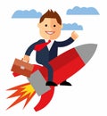 Cartoon businessman flying on a rocket on blue sky background, startup. Royalty Free Stock Photo