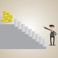 Cartoon businessman focus at gold coin on top of stair