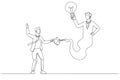 Cartoon of businessman genie holding idea bulb come out of magic lamp. Assistance concept. One continuous line art style Royalty Free Stock Photo