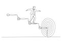 Cartoon of businessman goes up the stairs of arrows to the target. Concept of business path to the goal. Continuous line art