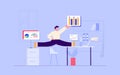 Cartoon businessman gymnastic working at office with graph and diagram vector flat illustration