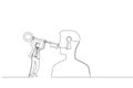 Cartoon of businessman hold key try to open person\'s mind. Metaphor for therapy, psychotherapy, and psychology.