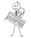 Cartoon of Businessman Holding Big Hand Rubber Accepted Stamp