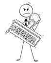 Cartoon of Businessman Holding Big Hand Rubber Confidential Stamp Royalty Free Stock Photo