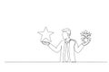 Cartoon of businessman holding comparing quality of stars. Metaphor for quality vs quantity. One line style art