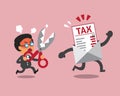 Cartoon businessman holding scissors to cut tax letter Royalty Free Stock Photo