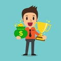 Cartoon businessman holding trophy and money bag Royalty Free Stock Photo