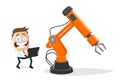 Funny cartoon businessman with industrial robot and tablet