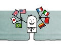 Cartoon businessman with international flags