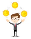 Cartoon businessman juggling with gold coins