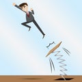 Cartoon businessman jumping on springboard