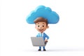 cartoon businessman with laptop under a cloud representing cloud computing and data processing. Royalty Free Stock Photo