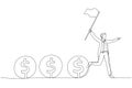 Cartoon of businessman leader holding flag control flow of money concept of cash flow. One line art style