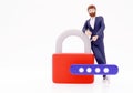 Cartoon businessman lean a padlock 3d render on white background illustration Royalty Free Stock Photo