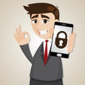 Cartoon businessman with locking smartphone