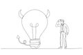 Cartoon of businessman looking at devil lightbulb doubting it bad idea. Stupid mistake or poor idea. One line art style