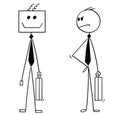 Cartoon of Businessman Looking Unhappy at His Robotic Artificial Intelligence or AI Robot Colleague or Replacement