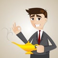 Cartoon businessman with magic lamp Royalty Free Stock Photo