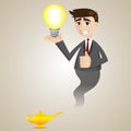 Cartoon businessman from magic lamp showing idea bulb Royalty Free Stock Photo