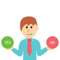 Cartoon Businessman Makes Desicion. Choose Yes or No.