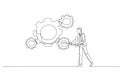 Cartoon of businessman manager use managerial skill to rotate group of business cogwheels. One line style art