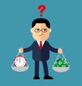 Cartoon businessman, the manager with weights in his hands is to choose time or money.