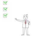 Cartoon businessman pointing and explaining with check boxes