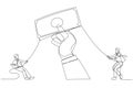 Cartoon of businessman pull money in the hands of giants. Single continuous line art style