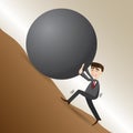 Cartoon businessman push steel ball on moutain Royalty Free Stock Photo